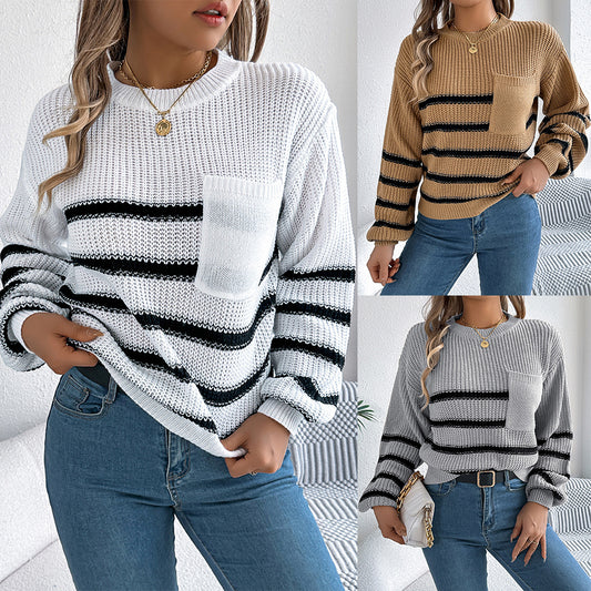 Jersey Casual Rayas Contraste Manga Farol Mujer