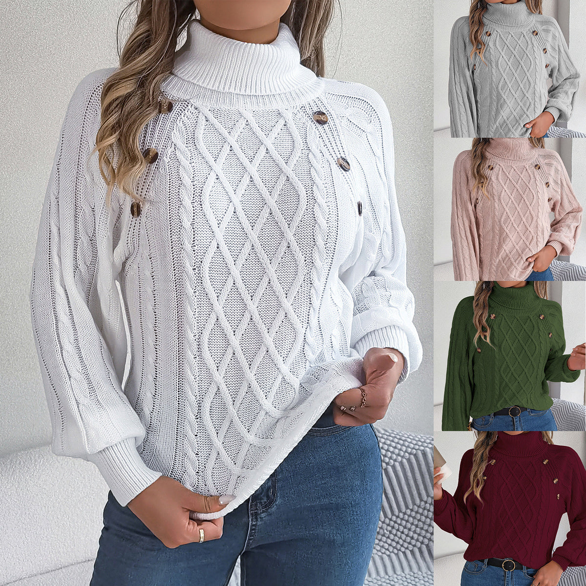 Jersey Cuello Alto Botones Trenzado Manga Farol Mujer