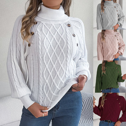 Jersey Cuello Alto Botones Trenzado Manga Farol Mujer