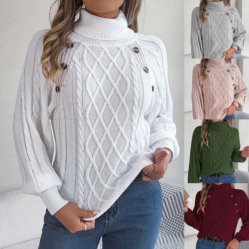Jersey Cuello Alto Botones Trenzado Manga Farol Mujer