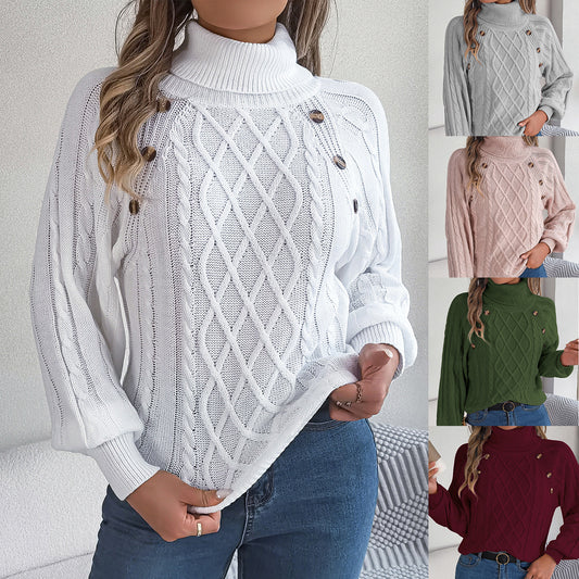 Jersey Cuello Alto Botones Trenzado Manga Farol Mujer