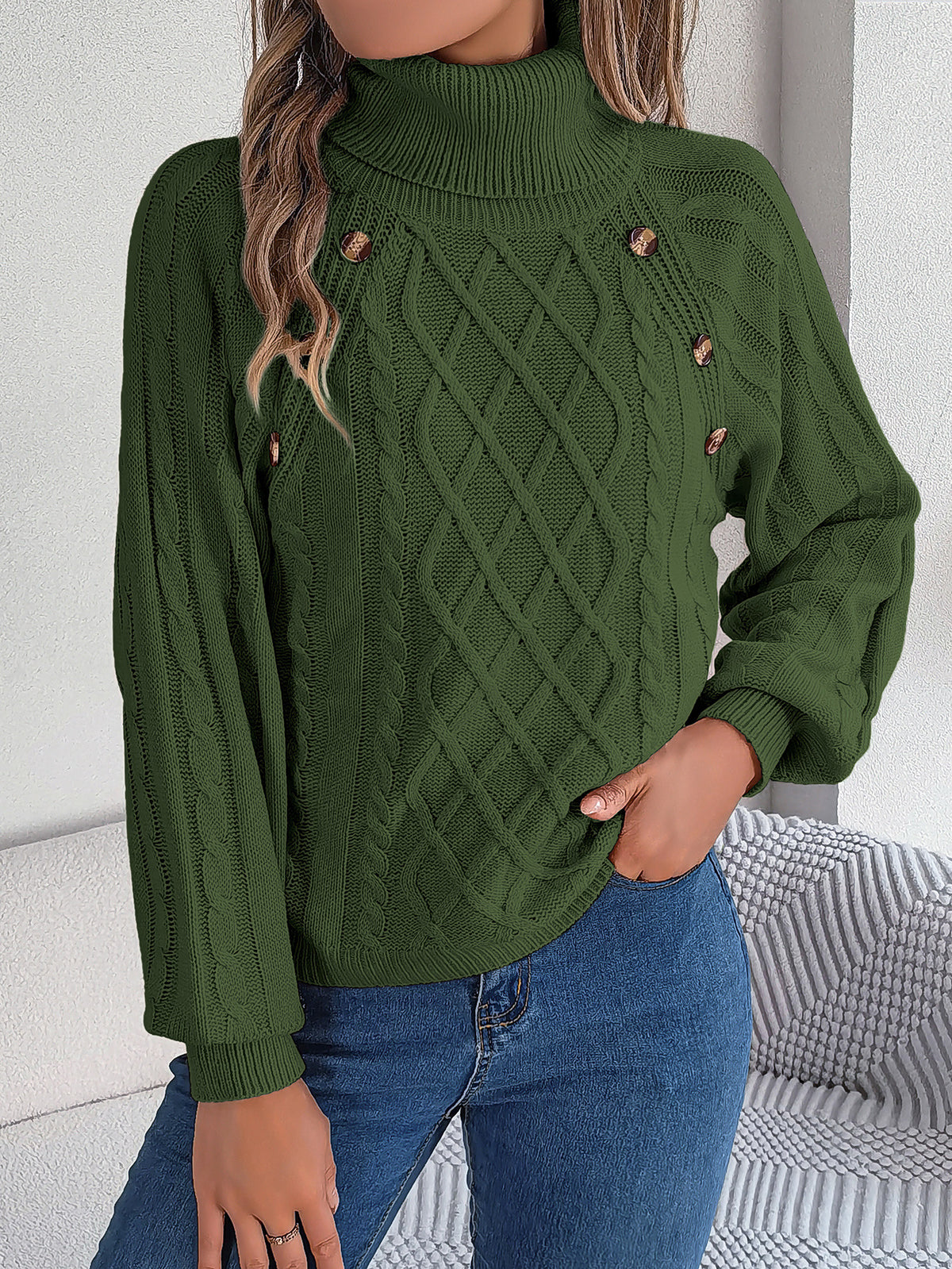 Jersey Cuello Alto Botones Trenzado Manga Farol Mujer