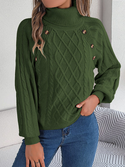 Jersey Cuello Alto Botones Trenzado Manga Farol Mujer