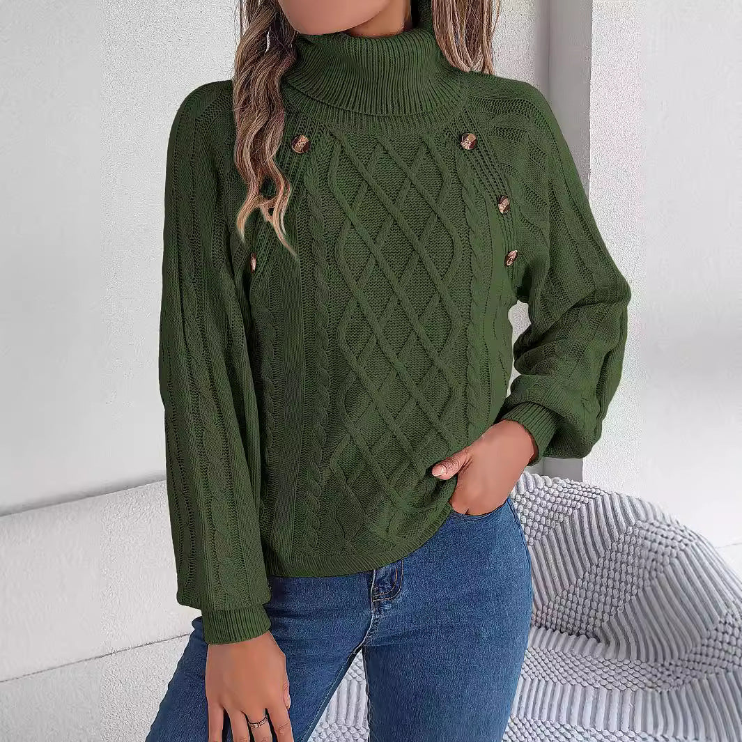 Jersey Cuello Alto Botones Trenzado Manga Farol Mujer
