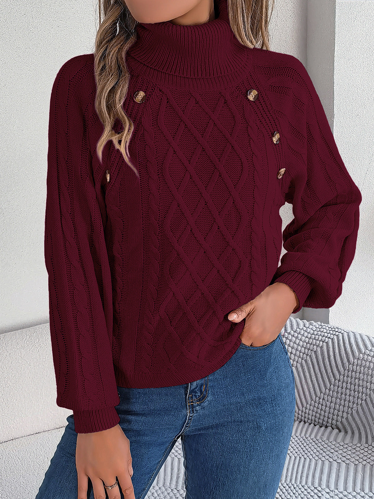 Jersey Cuello Alto Botones Trenzado Manga Farol Mujer