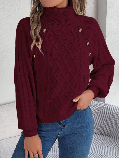 Jersey Cuello Alto Botones Trenzado Manga Farol Mujer
