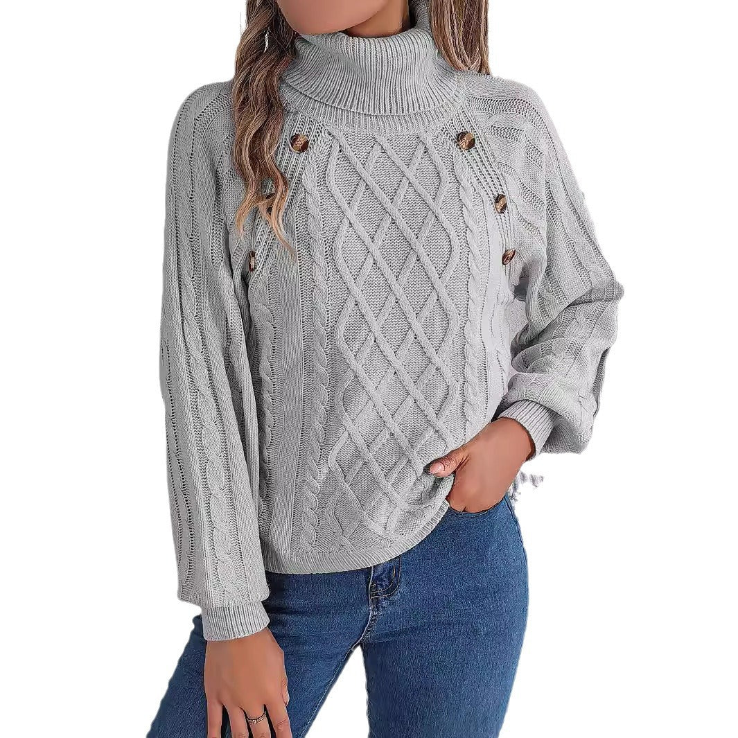 Jersey Cuello Alto Botones Trenzado Manga Farol Mujer