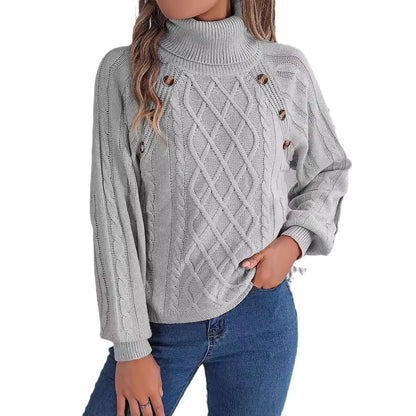 Jersey Cuello Alto Botones Trenzado Manga Farol Mujer
