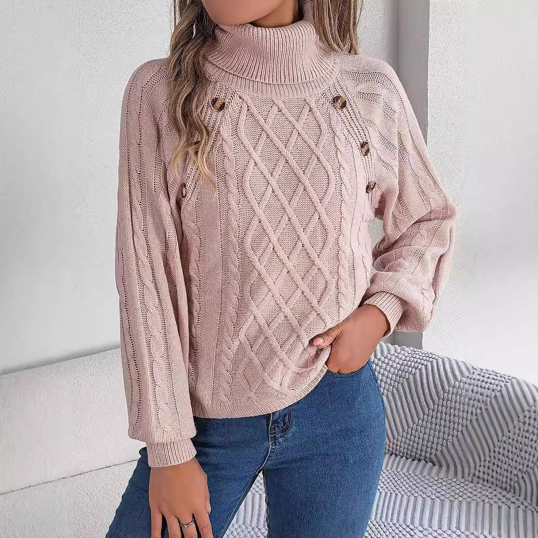 Jersey Cuello Alto Botones Trenzado Manga Farol Mujer