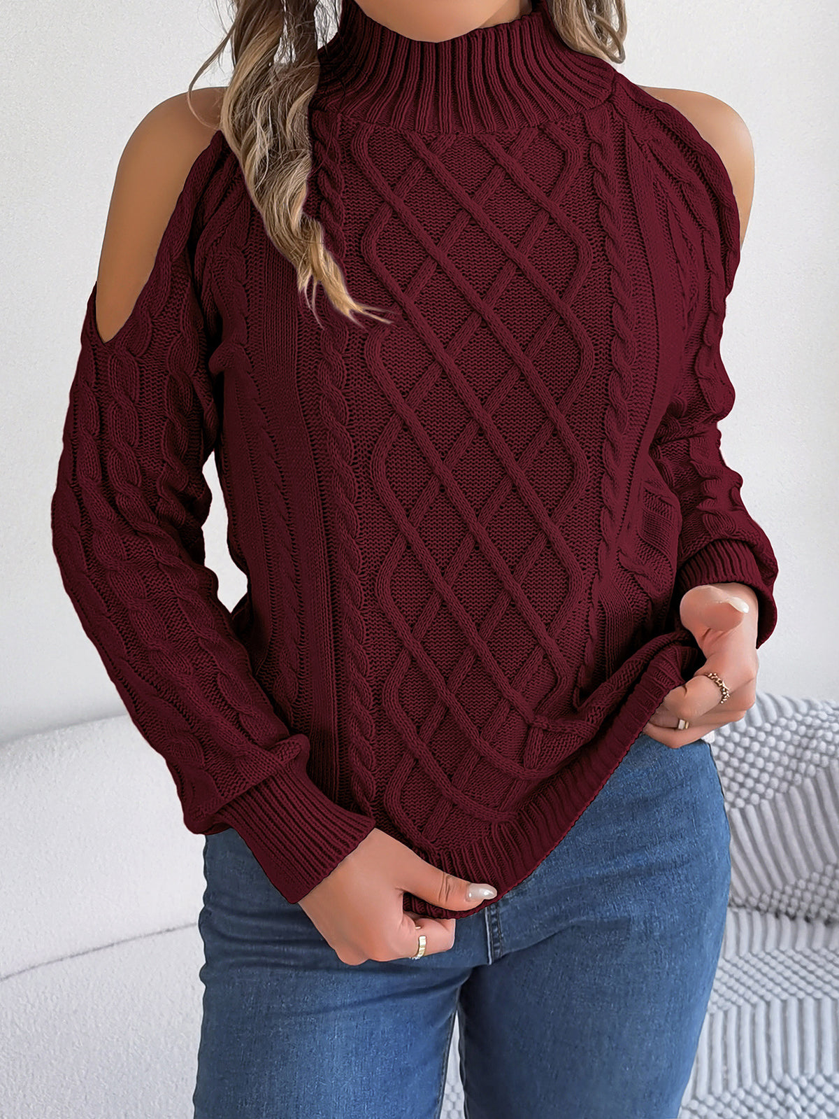Jersey Hombro Descubierto Medio Cuello Trenzado Mujer