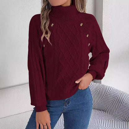 Jersey Cuello Alto Botones Trenzado Manga Farol Mujer