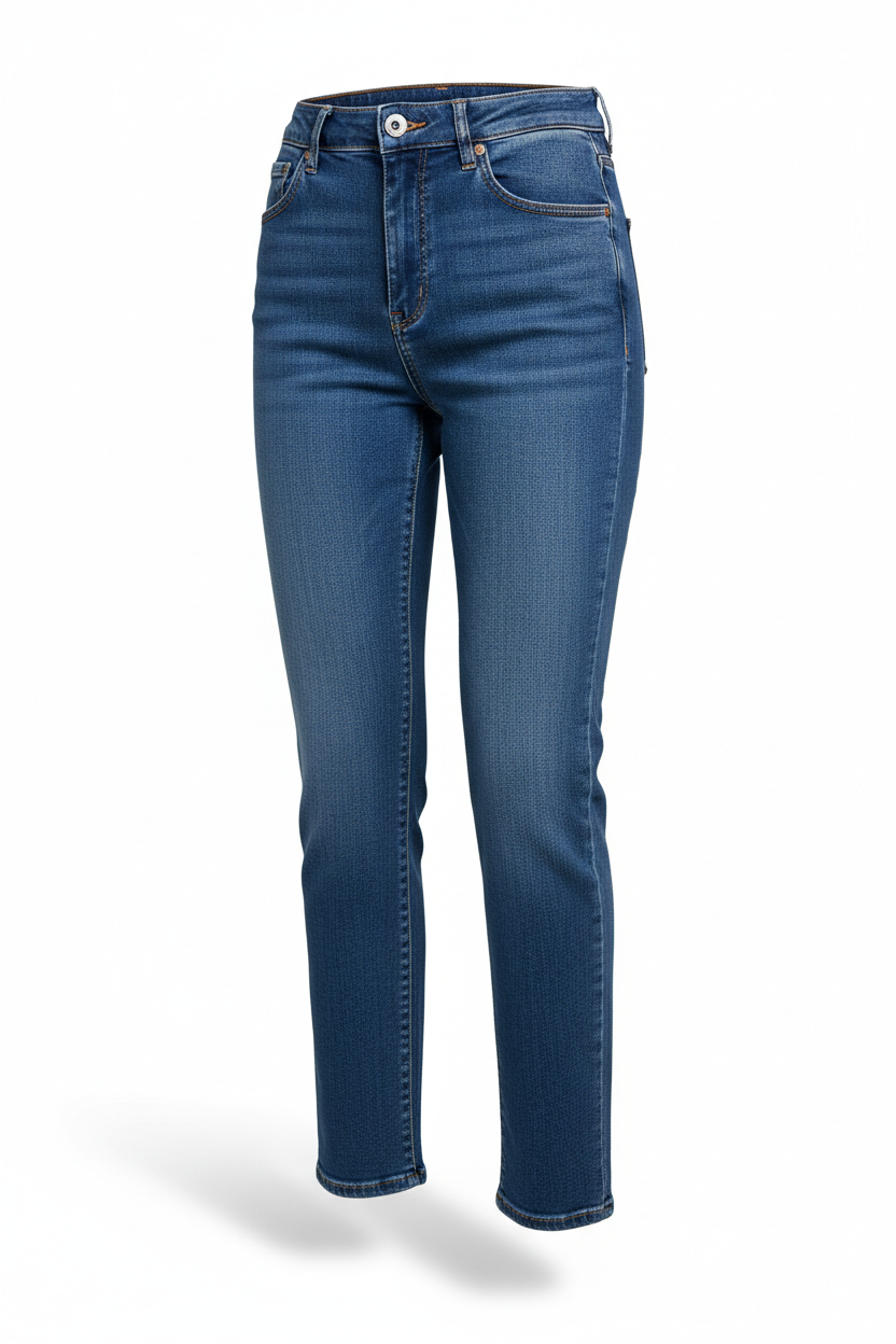 Pantalón vaquero de mujer azul sobre fondo blanco